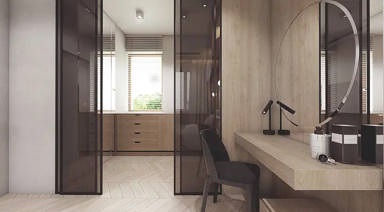 Wnętrze garderoby z drewnianymi meblami i lustrem, nowoczesny i minimalistyczny design.