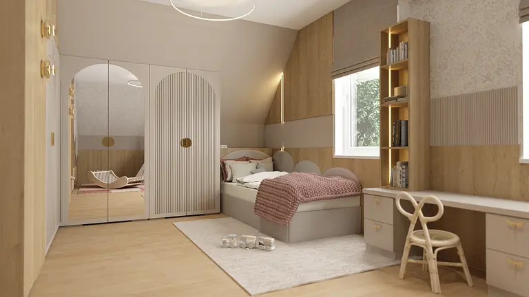 Wnętrze pokoju z łóżkiem, biblioteczką i stylami boho, japandi, dopamine decor, współczesnym.