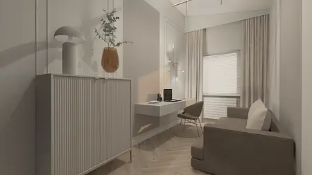 Gabinet w stylu glamour z szarymi meblami i roślinami