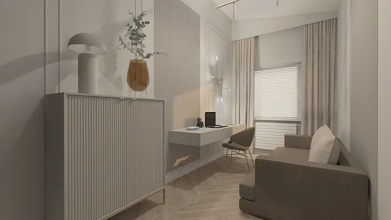 Gabinet w stylu glamour z szarymi meblami i roślinami