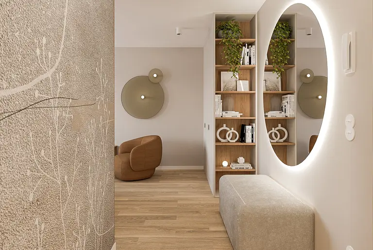 Przedpokój w stylu boho, eklektycznym i minimalistycznym z lustrem i regałem.