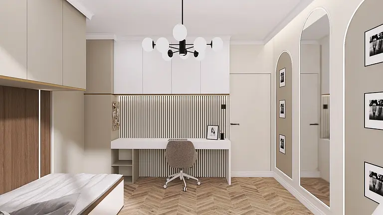 Nowoczesne wnętrze w stylu glamour z biurkiem, szafą i lustrami.