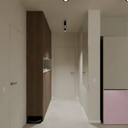 Przedpokój z brązową szafą, białymi ścianami i różową lodówką. Współczesny design.