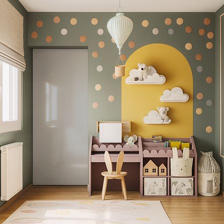 Pokój dziecięcy w stylu boho, dopamine decor i minimalistycznym z zabawkami.