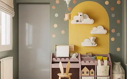 Pokój dziecięcy w stylu boho, dopamine decor i minimalistycznym z zabawkami.