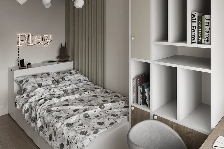 Wnętrze pokoju z łóżkiem, regałem i lampą, styl industrialny, japandi i minimalistyczny.