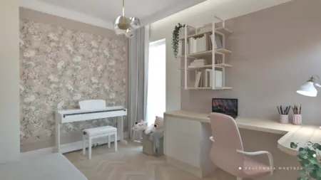 Wnętrze pokoju dziecięcego w stylu boho, minimalistycznym z pianinem i półkami.