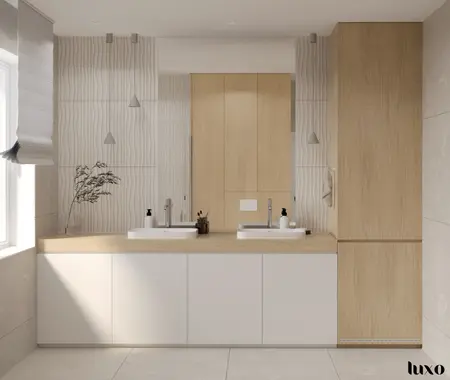 Łazienka w stylu japandi z minimalistycznymi meblami i nowoczesnymi akcentami.