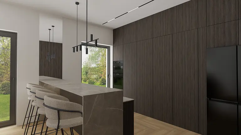 Wnętrze kuchni w stylu boho z drewnianymi meblami i minimalistycznym wykończeniem.