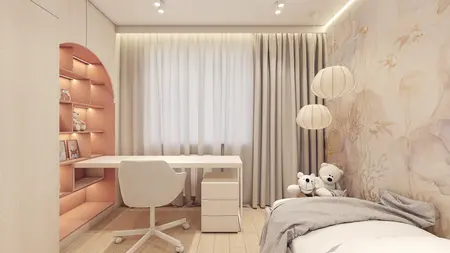 Pokój dziecięcy z minimalistycznym wystrojem, różowym biurkiem i nowoczesnym oświetleniem.
