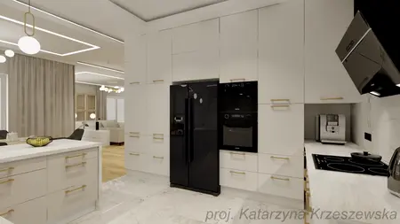 Nowoczesna kuchnia z białymi meblami, czarnym sprzętem i marmurowym blatem.