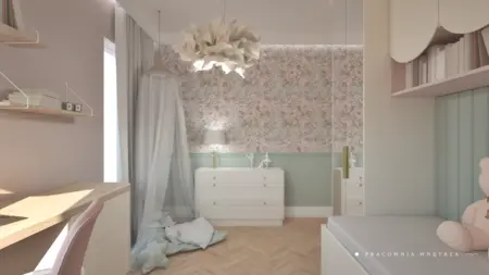 Pokój dziecięcy w stylu boho i japandi z kwiecistą tapetą i białymi meblami.