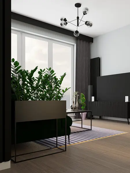 Wnętrze salonu w stylu dopamine decor z roślinami i nowoczesnym oświetleniem.