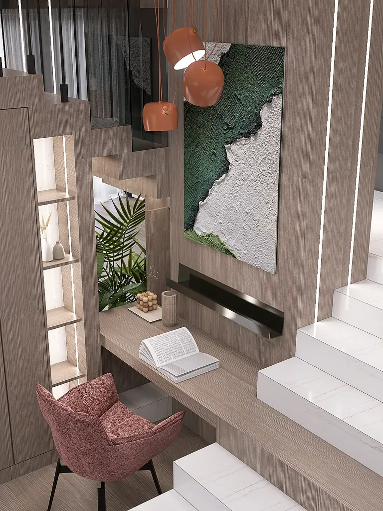 Minimalistyczne wnętrze z biurkiem, fotelem, rośliną, w stylu minimaluxe i quiet luxury.