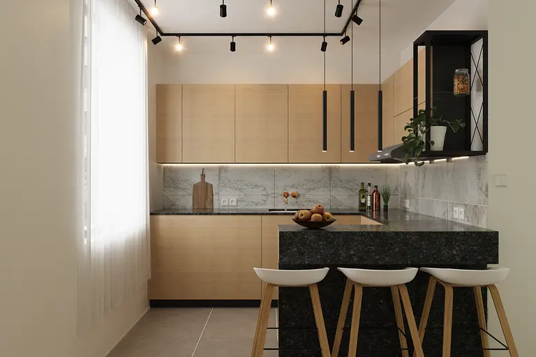 Kuchnia w stylu industrialnym z drewnianymi meblami i czarnym blatem. Minimalistyczny design.