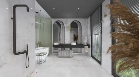 Nowoczesna łazienka z białą wanną i szarym wystrojem, w stylu quiet luxury i współczesnym.