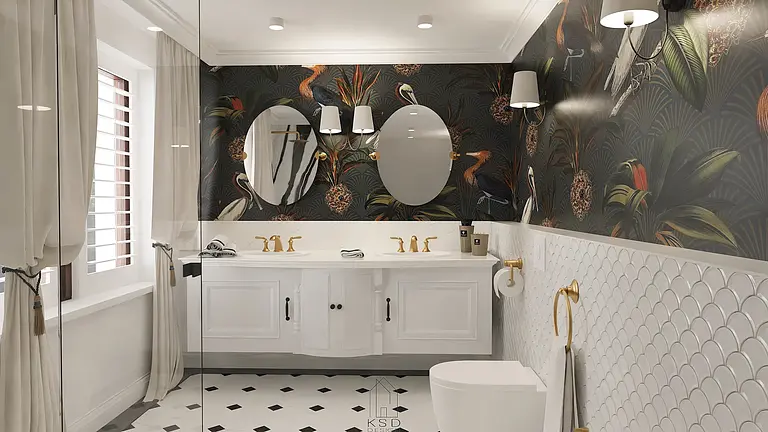 Wnętrze łazienki z białymi meblami i art deco muralem