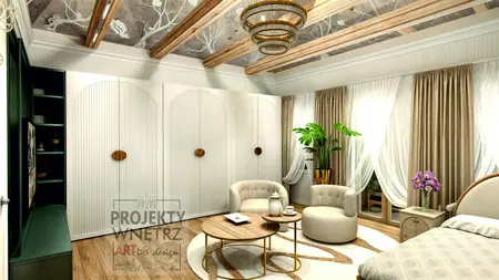 Nowoczesne wnętrze glamour z białymi meblami, drewnianymi detalami i roślinami.