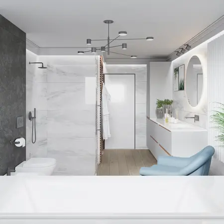 Łazienka w stylu minimaluxe z nowoczesną armaturą i drewnianymi detalami.