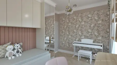 Pokój dziecięcy z boho tapetą, minimalistycznym meblem i glamour akcentami.