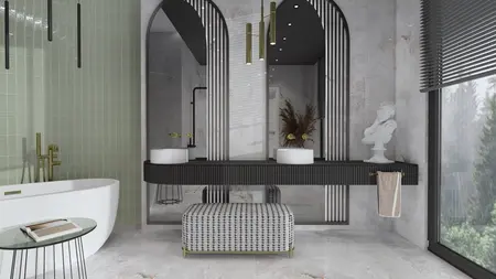 Wnętrze łazienki z białą wanną i zielonymi płytkami, styl quiet luxury, współczesny.