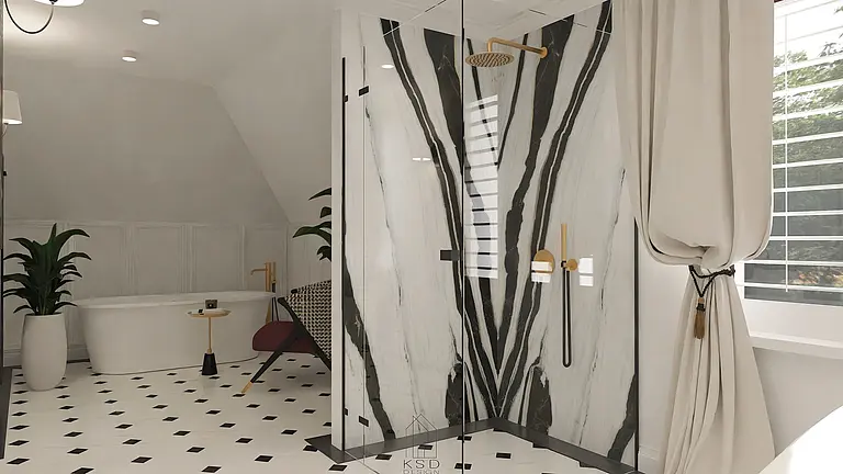 Nowoczesna łazienka w stylu art deco z prysznicem i wanną.
