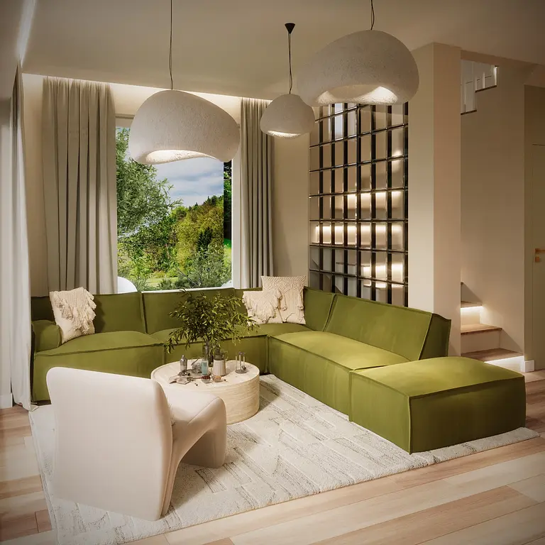 Wnętrze salonu w stylu boho i eklektycznym z zieloną sofą.
