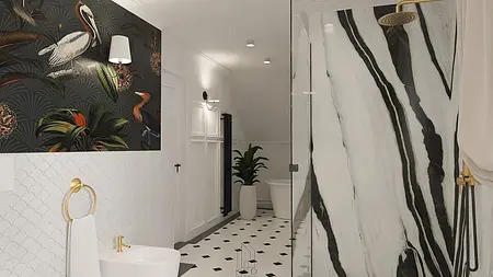 Wnętrze łazienki z marmurowymi płytkami i roślinami w stylu art deco.