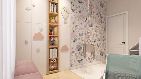 Pokój dziecięcy z kolorowymi meblami i dekoracjami, nowoczesny design.