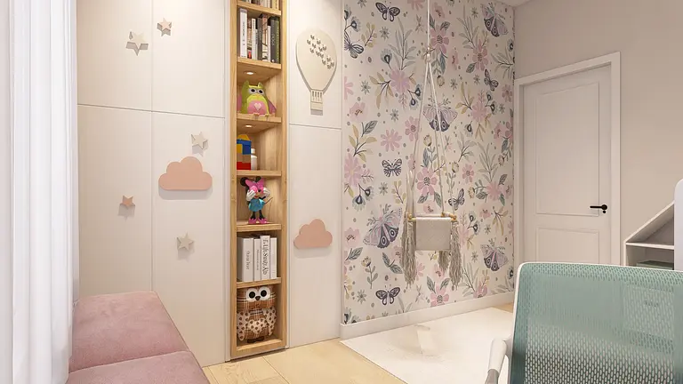 Pokój dziecięcy z kolorowymi meblami i dekoracjami, nowoczesny design.