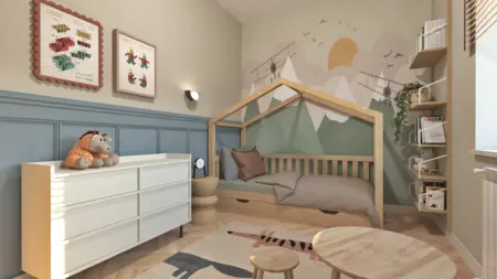 Wnętrze pokoju dziecięcego w stylu boho, japandi z minimalistycznymi meblami
