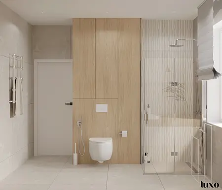Łazienka w stylu japandi, minimalistycznym i nowoczesnym z drewnem i szarymi płytkami.