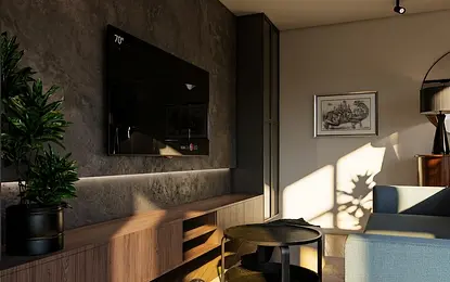 Wnętrze eklektycznego salonu z minimalistycznymi akcentami i skandynawskim stylem.