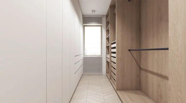 Garderoba w stylu nowoczesnym z białymi meblami i drewnianymi detalami.