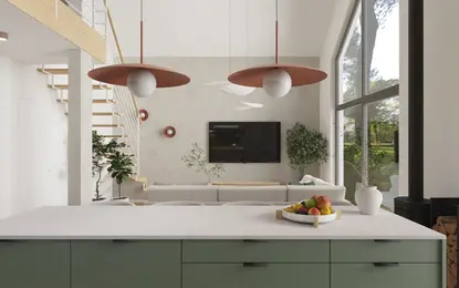 Wnętrze salonu w stylu japandi, minimalistycznym, nowoczesnym i skandynawskim z zieloną wyspą kuchenną.
