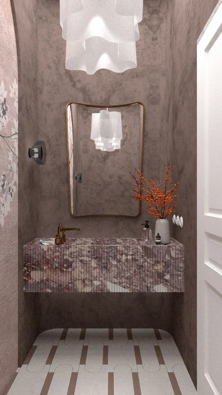 Wnętrze łazienki z marmurową umywalką, lampą i dekoracyjnymi akcentami w stylu art deco, minimaluxe, quiet luxury.