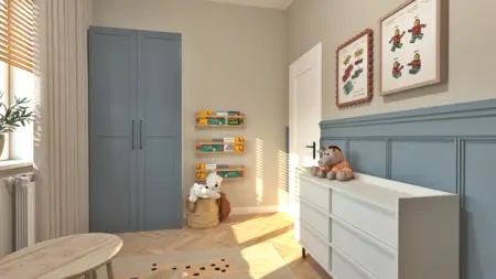 Pokój dziecięcy w stylu boho i minimalistycznym z niebieską szafą i zabawkami