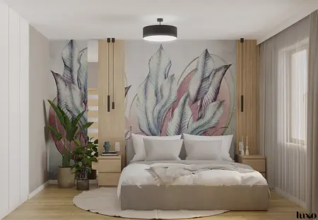 Wnętrze sypialni w stylu japandi z minimalistycznym wystrojem, roślinami i drewnem.
