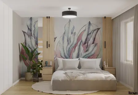 Wnętrze sypialni w stylu japandi z minimalistycznym wystrojem, roślinami i drewnem.