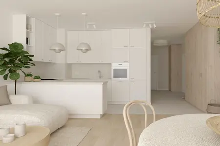 Nowoczesna kuchnia w stylu boho i soft minimalizm z białymi meblami i drewnianymi detalami.