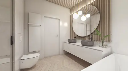 Nowoczesna łazienka w stylu soft minimalizm z dużym lustrem i podwójną umywalką.