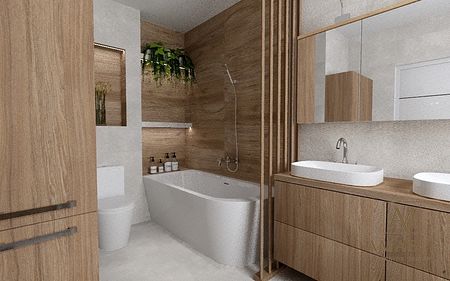 Nowoczesna łazienka z drewnianymi elementami, wanną i podwójną umywalką, w stylu skandynawskim.