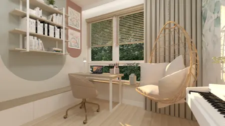 Wnętrze pokoju z biurkiem, wiszącym fotelem i półkami, styl boho, japandi, minimalistyczny.