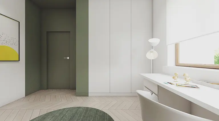 Wnętrze nowoczesnego pokoju z białym biurkiem i zieloną ścianą, w stylu soft minimalizm.