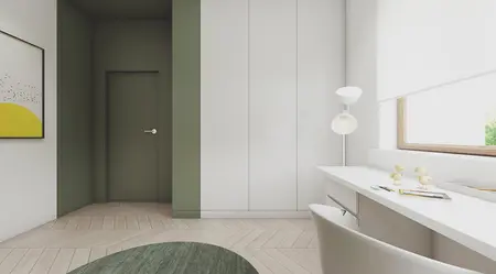 Wnętrze nowoczesnego pokoju z białym biurkiem i zieloną ścianą, w stylu soft minimalizm.