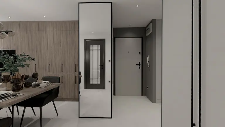 Wnętrze z drewnianą zabudową, białymi meblami i lustrem, nowoczesny design.