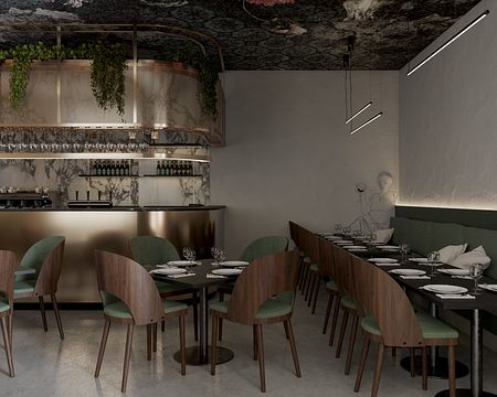 Wnętrze restauracji z glamour i nowoczesnym stylem, zielone krzesła, marmurowy bar.