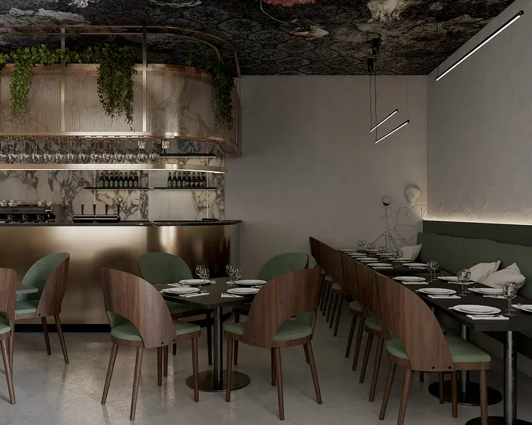 Wnętrze restauracji z glamour i nowoczesnym stylem, zielone krzesła, marmurowy bar.