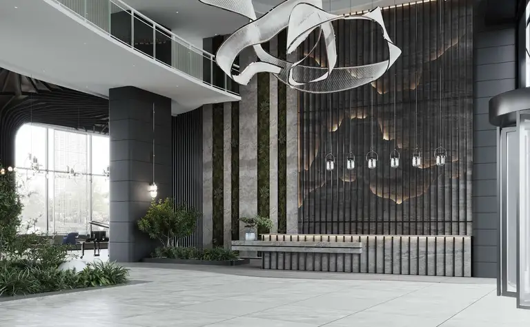 Nowoczesne lobby z roślinami, oświetleniem i betonowymi elementami w stylu minimalistycznym.