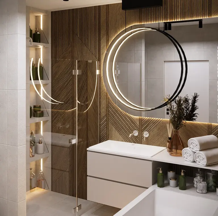 Nowoczesna łazienka z eklektycznymi akcentami, glamour i minimalistycznymi detalami.